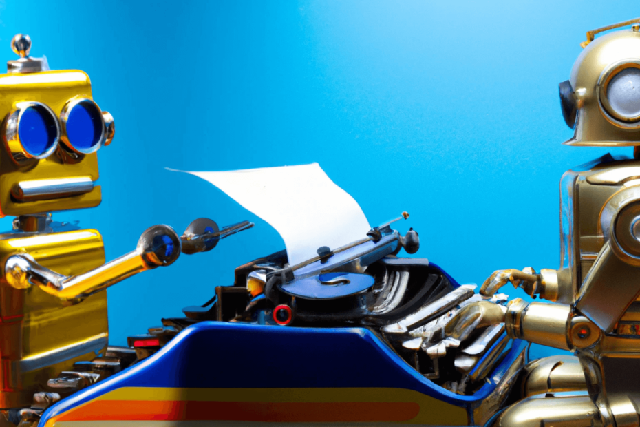 photo of a shiny c-3PO robot sitting at a desk typing on a type writer with a sheet of paper coming out of the top of the typewriter