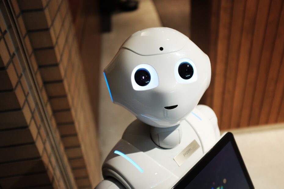 A robot representing chatgpt with big eyes looking up at the camera