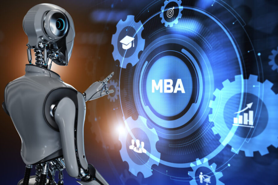 Chat GPT passing an MBA illustrated by robot clicking an MBA logo