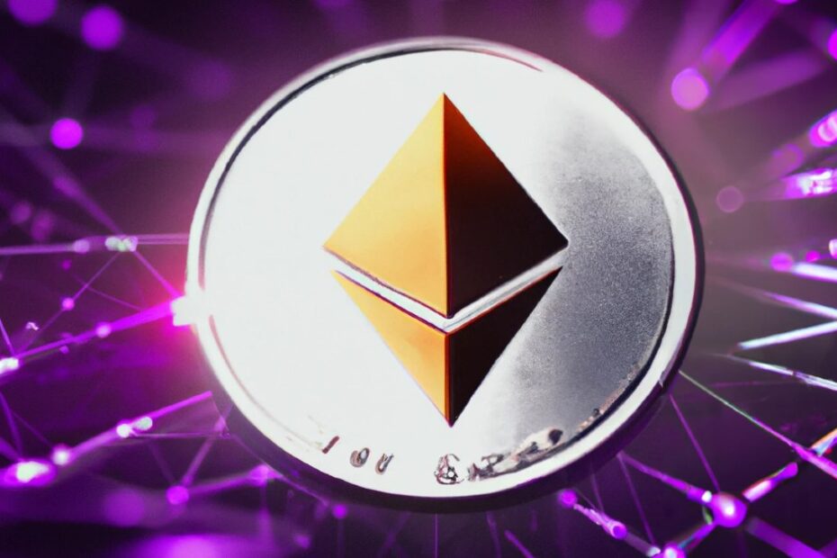 An Etherum logo before a purple blockchain network background