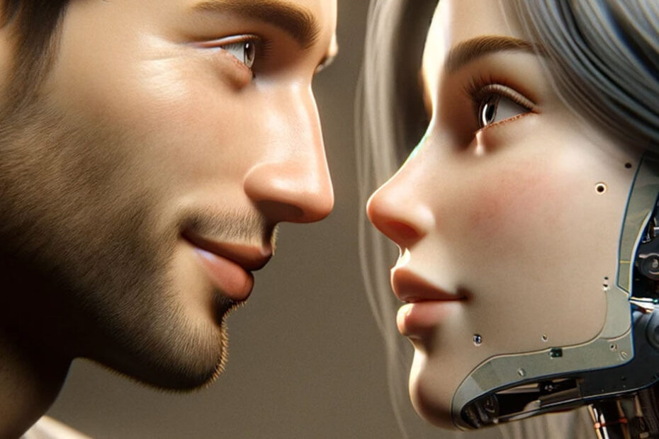 Man and robot look lovingly into each other's eyes